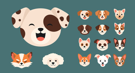 Fototapeta premium Cute collection of diverse cartoon dog faces of different breeds, including a corgi, poodle, husky, and dalmatian.