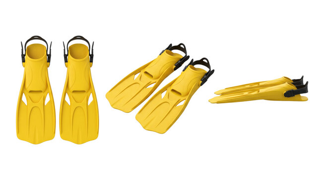 Multiple views of a yellow scuba fin from different angles isolated on transparent background