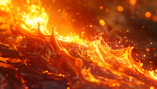 Molten Lava Flowing with Fiery Splashes and Bubbles