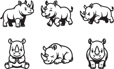 Obraz premium A set of rhinos. Hand drawn vector illustration
