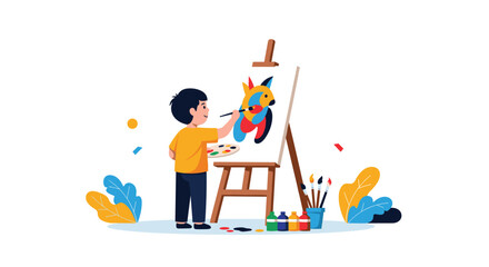 Fototapeta premium Talented young boy painting a colorful abstract bird on a canvas easel, surrounded by paints, brushes, and palette.