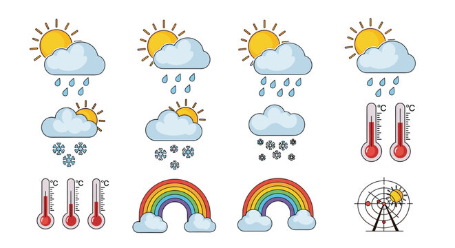 Comprehensive collection of weather forecast icons including sunny rain, snowy clouds, rainbows, and thermometers.