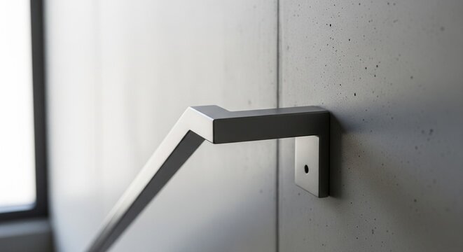 Sleek metal handrail attached to concrete wall in modern interior.