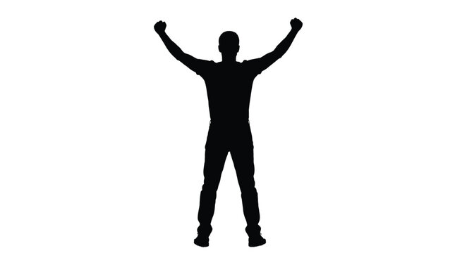 A dark silhouette of a triumphant man standing with arms raised high against white backdrop