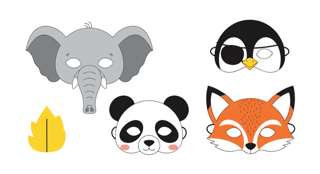 Cute collection of printable animal paper masks including an elephant, penguin, panda, fox, and a yellow autumn leaf.