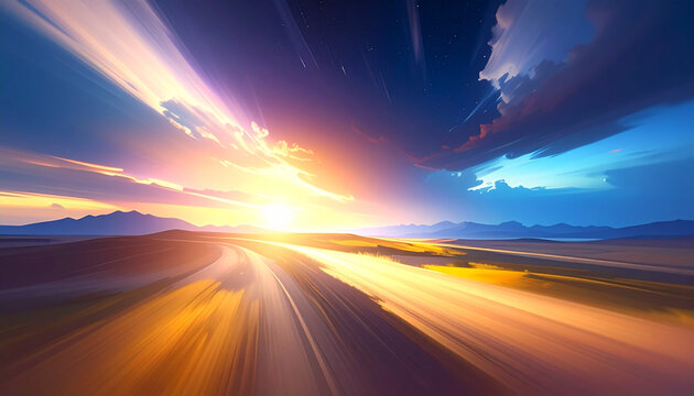 Surreal Sunset Over a Desert Road with Dramatic Sky and Light Streaks
