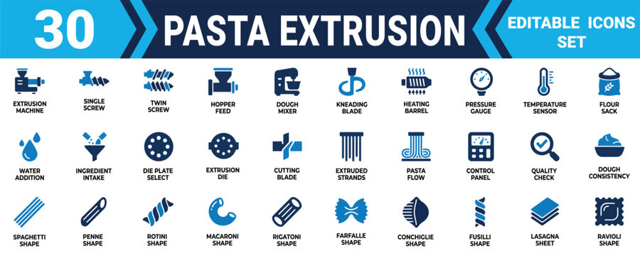 Set of thirty professional pasta extrusion machine icons showing manufacturing process and food shapes Minimal solid fill icon set bundle collection. Editable Vector Illustration Mega pack