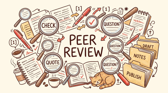 A handdrawn illustration titled PEER REVIEW featuring magnifying glasses documents pens folders and a cat