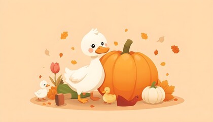 Fototapeta premium Cute duck and ducklings with autumn pumpkins and falling leaves, flat vector cartoon illustration.