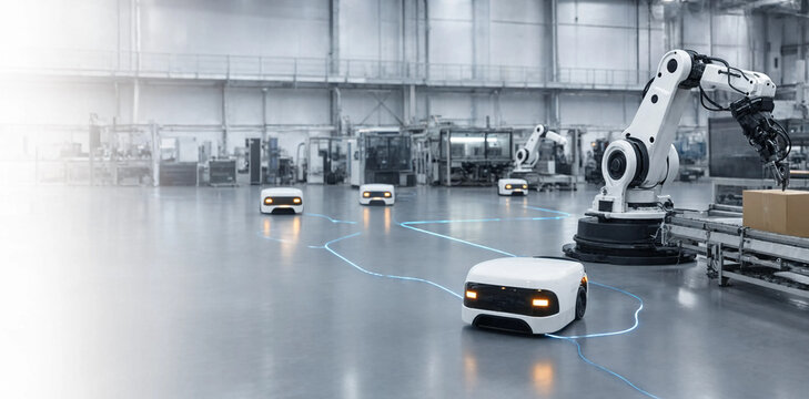 Autonomous mobile robots navigating through a modern automated warehouse manufacturing floor with high tech warehouse automation robotics automation warehouse logistics autonomous