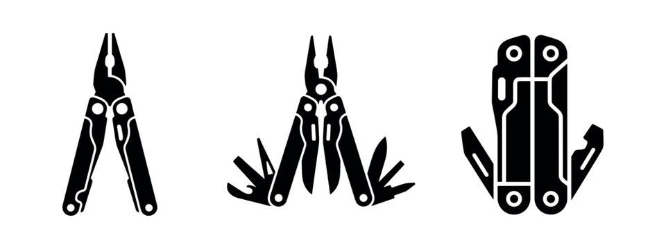 Practical multi-tool pliers for various tasks icon set.