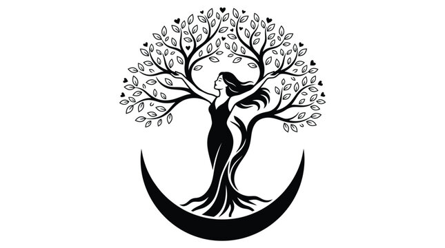 Elegant woman merging with a sacred tree silhouette featuring delicate heart leaves and crescent moon shape