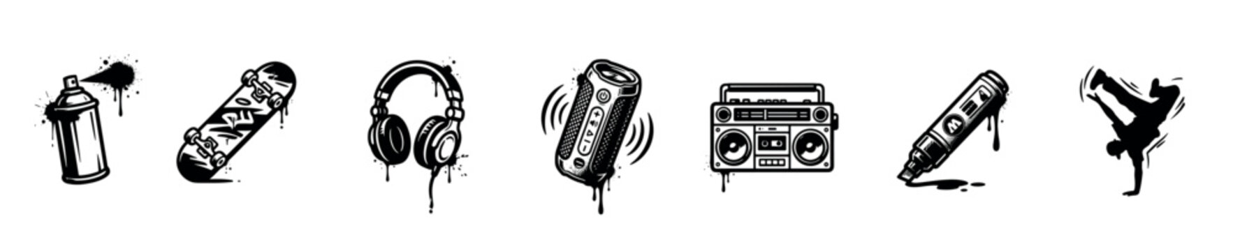 Urban street art elements including spray can, skateboard, headphones, portable speaker, boombox, marker, and breakdancer silhouette representing youth culture and music.
