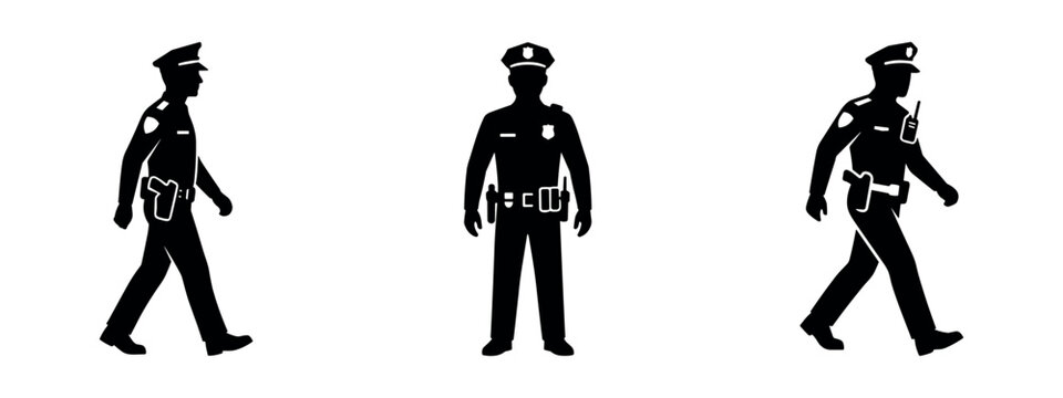 Police officer uniform silhouette icon set in various poses, walking and standing