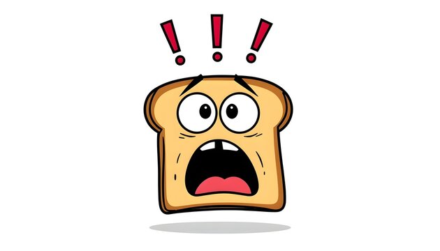 Minimalist scared slice of bread graphic, wide eyes, open mouth, flat design sticker.