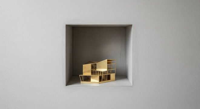 Golden architectural house model displayed inside a square recessed wall niche in a modern interior.