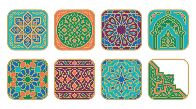 Eight colorful Islamic ornamental patterns showcasing traditional geometric designs, arabesques, and architectural motifs in vibrant hues.