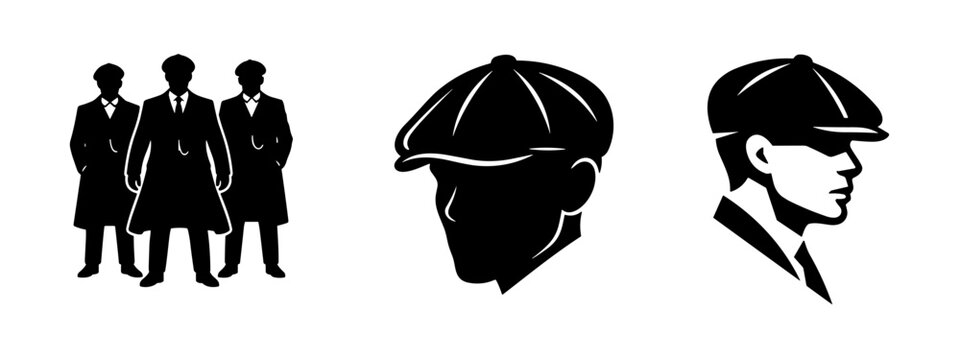 Group of men in suits and flat cap with vintage style icons