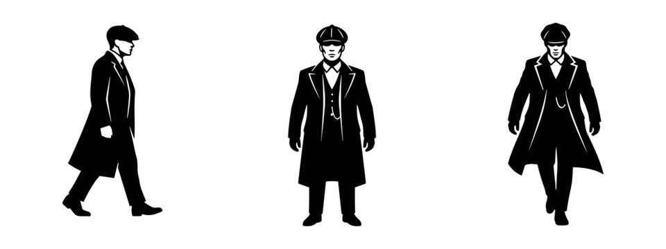Vintage detective or gangster man in trench coat and flat cap icons