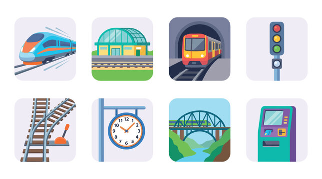 Train and railway transport system flat icons set illustrating various elements of modern rail travel, including stations, signals, and vehicles.