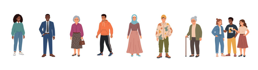 Fototapeta premium Diverse group of people standing together, showcasing a vibrant global community with various ages, genders, and ethnicities, depicted in a modern flat illustration style.