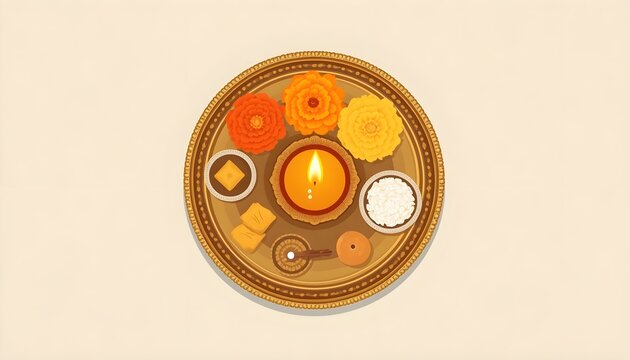 Aarti Thali arranged with a Diya, marigold flowers, kumkum, and Indian sweets