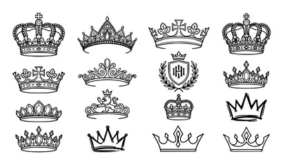 Luxury crown illustration set with hand drawn king queen tiara prince princess and regal sketch vector logo collection © Surjo