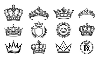 Hand drawn royal crown collection with luxury tiaras prince princess emblems and vintage sketch vector logo symbols © Surjo