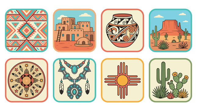 Set of southwest native american icons with geometric ornament, pueblo adobe house, clay pot, desert landscape with mesa, round ornament, turquoise necklace, zia sun symbol and cactus