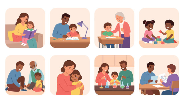Diverse families and children engaging in various activities like reading, learning, playing, and receiving support, illustrating different aspects of family life and childhood development.