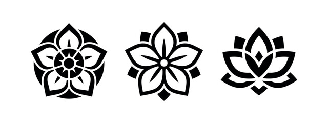 Fototapeta premium Set of Abstract Floral Lotus Flower Icons. Symmetrical and Ornate Plant Silhouettes.