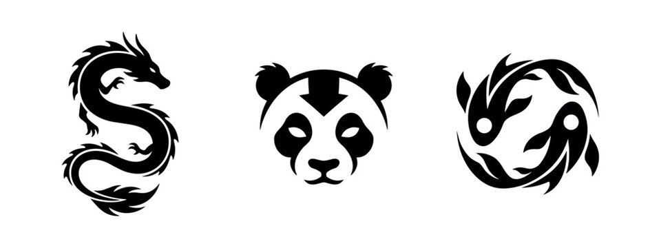 Asian Mythology and Symbolism Icons Set: Dragon, Panda, Koi Fish Yin-Yang. Cultural Silhouettes.