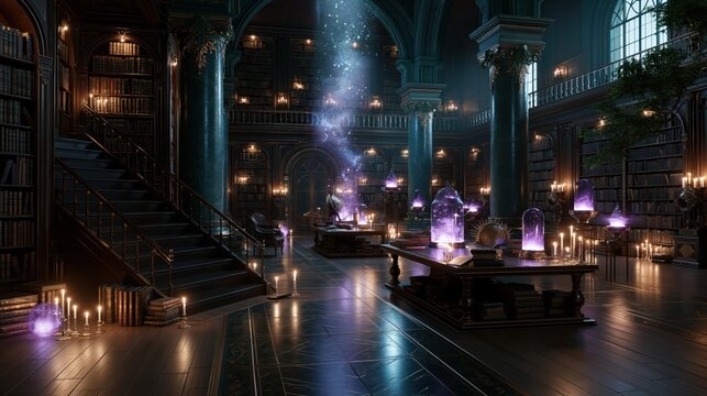 Old library with tall bookshelves, glowing crystals, and candles at night