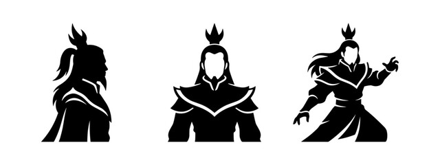 Fototapeta premium Mystical Asian Warrior or Sorcerer Character Silhouettes. Fantasy Hero Vector on White Background.