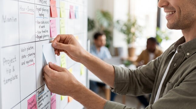 Smiling man organizing tasks on a whiteboard with sticky notes in a collaborative office environment.