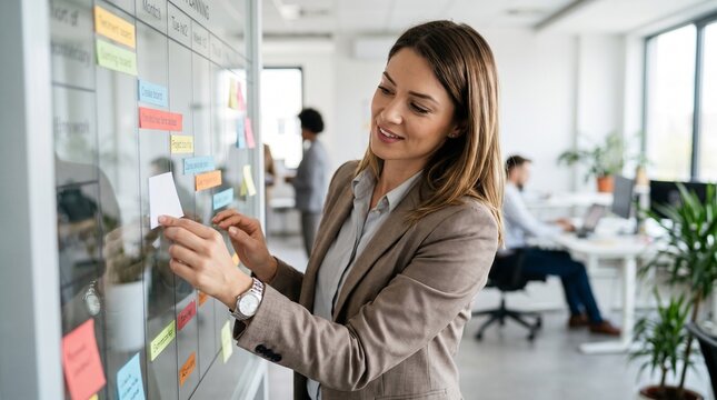 A smiling businesswoman in a blazer placing a sticky note on a glass board during a collaborative planning session in a modern office environment.