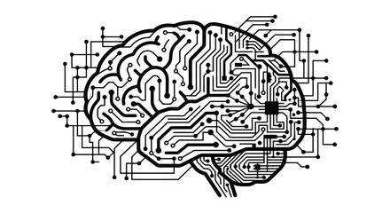 Fototapeta premium Brain with circuit board pattern a black and white vector illustration on a white background