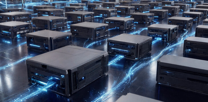 Array of automated computing units with glowing pathways representing high speed data transfer computing automated technology hardware transfer information electronic internet computer