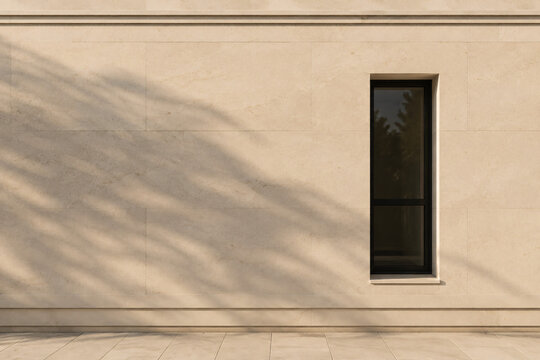 Slim Black Window and Tree Shadow on Beige Modern Facade