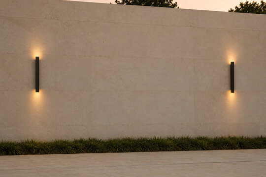 Minimal Beige Exterior Wall with a Strip of Green Grass