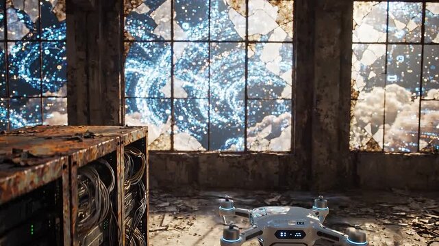 Drone hovering in an abandoned industrial space with broken windows, revealing a cosmic view outside, surrounded by rusty server racks and scattered debris on the floor
