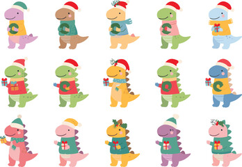 Fototapeta premium Cute Christmas Dinosaur Cartoon Character Collection with Santa Hats Scarves Gifts and Festive Winter Holiday Vector Set