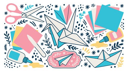 Obraz premium Origami and crafting vector icons with paper crane, scissors and glue for infographic design in colorful illustration