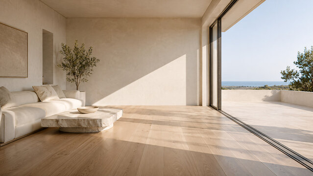 Sunlit Minimalist Room with Large Window and Geometric Shadow