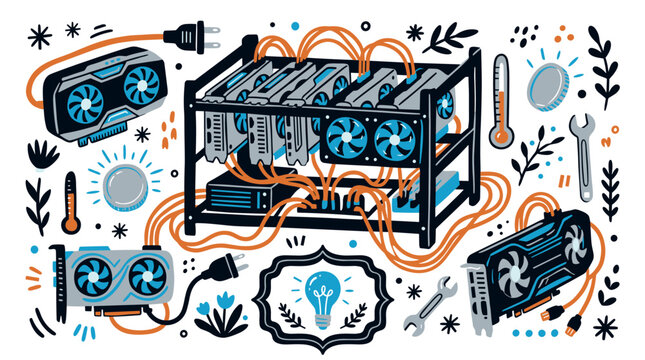 Technology and mining vector icons with graphics card, mining rig and cooling fan for digital mining dashboard in colorful vector art