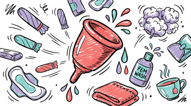feminine hygiene and wellness design icons with menstrual cup, sanitary pads and fem wash for infographic branding in colorful illustration