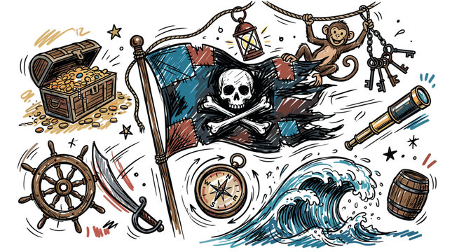 Pirate and adventure concept icons with treasure chest, skull flag and monkey for storytelling illustration in hand drawn style