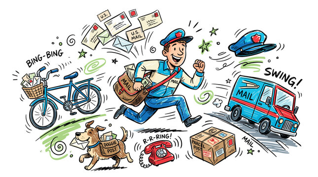 Postal and mail service vector icons with mailman, bicycle and mail truck for presentation design in colorful doodle illustration