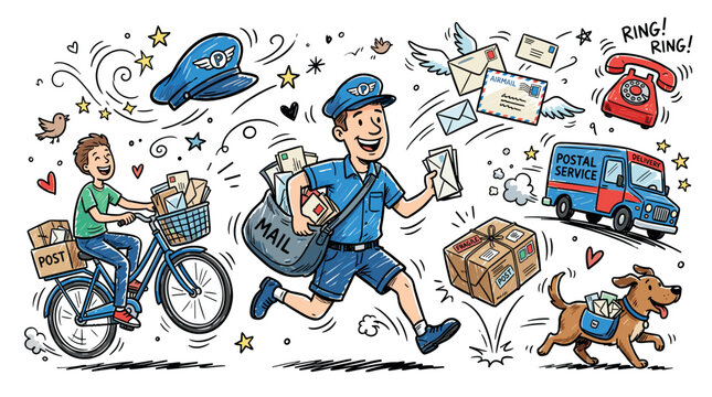 Postal and mail service concept icons with mailman, post van and envelope for marketing campaign in colorful doodle style