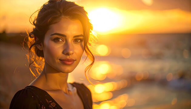 Woman smiling at sunset by the sea with golden light